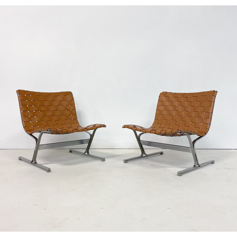 Pair of vintage lounge chairs in cognac leather by Ross Littell for ICF, Italy 1970