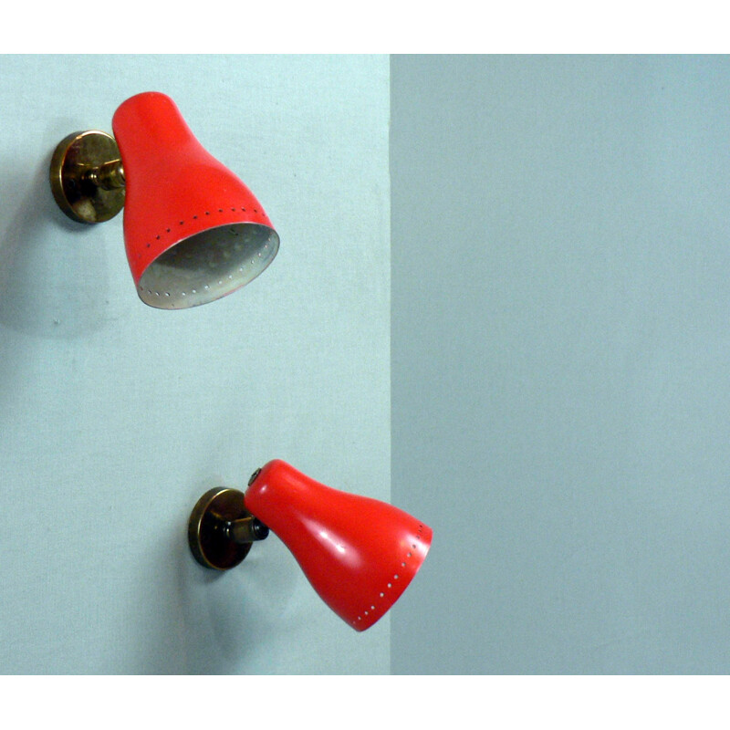 Pair of vintage red brass wall lamps - 1950s