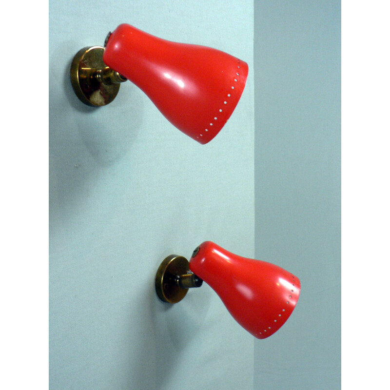 Pair of vintage red brass wall lamps - 1950s