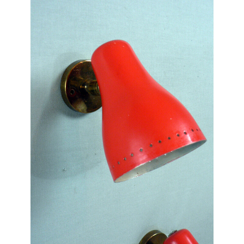 Pair of vintage red brass wall lamps - 1950s