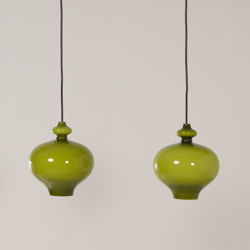 Pair of vintage green glass pendant lamp by Hans-Agne Jakobsson for Staff Leuchten, Germany 1970