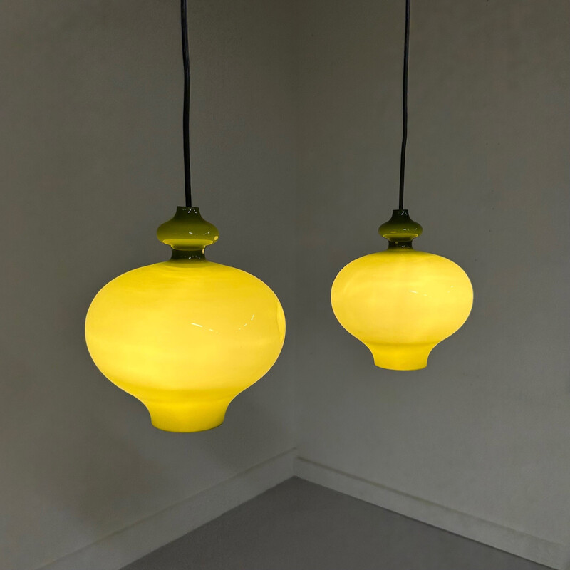 Pair of vintage green glass pendant lamp by Hans-Agne Jakobsson for Staff Leuchten, Germany 1970
