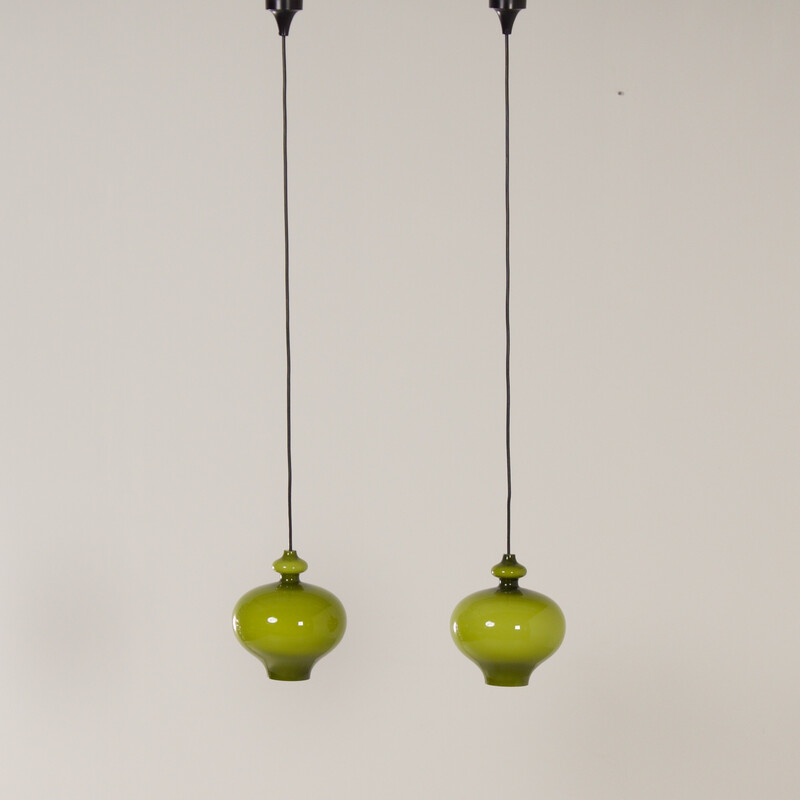 Pair of vintage green glass pendant lamp by Hans-Agne Jakobsson for Staff Leuchten, Germany 1970