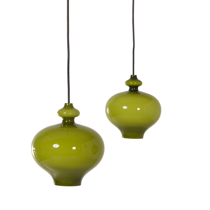 Pair of vintage green glass pendant lamp by Hans-Agne Jakobsson for Staff Leuchten, Germany 1970