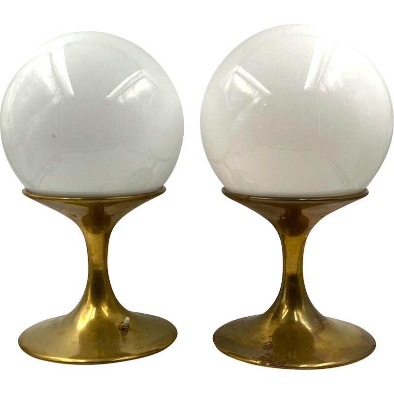 Pair of vintage brass and opal glass table lamps by Ingo Maurer for Stilnovo, Italy 1960