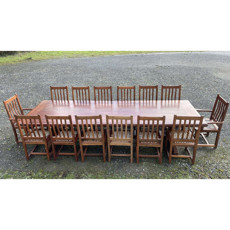 Vintage dining set in mahogany and leather straps, 1970