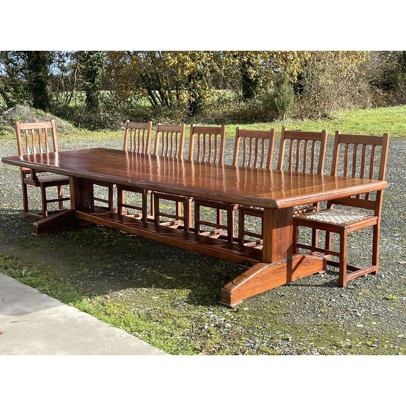 Vintage dining set in mahogany and leather straps, 1970