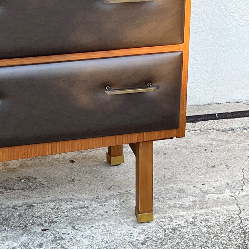 Vintage dressing table in teak and brown imitation leather, France 1960
