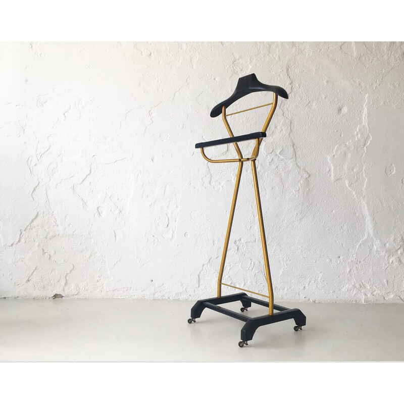 Vintage coat rack in gold metal and black wood for Valette, Italy 1960