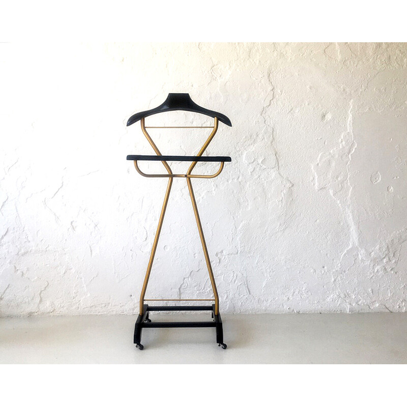 Vintage coat rack in gold metal and black wood for Valette, Italy 1960