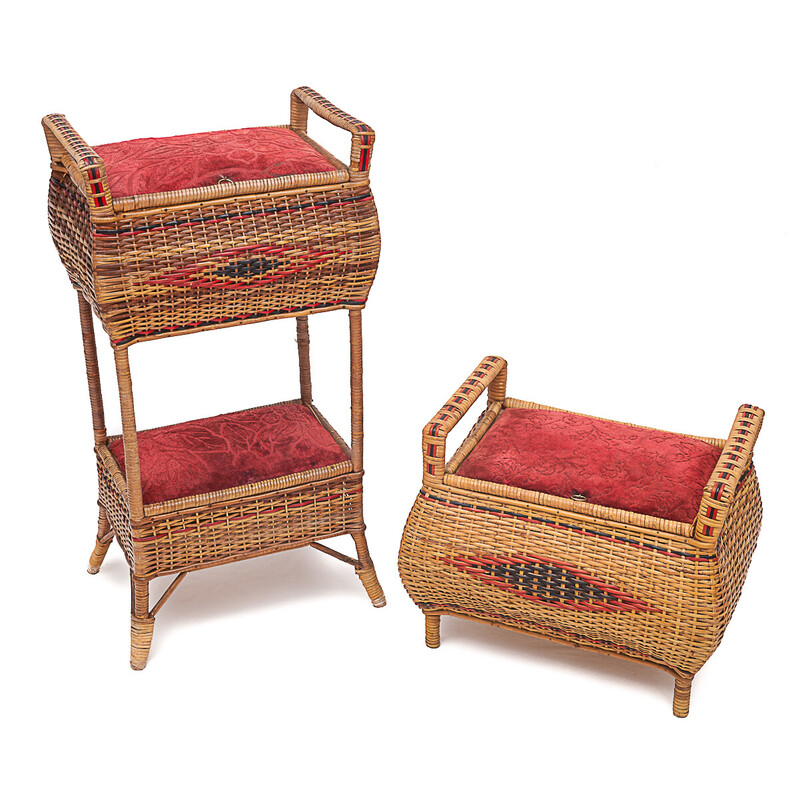 Vintage wicker and chiseled velvet storage set