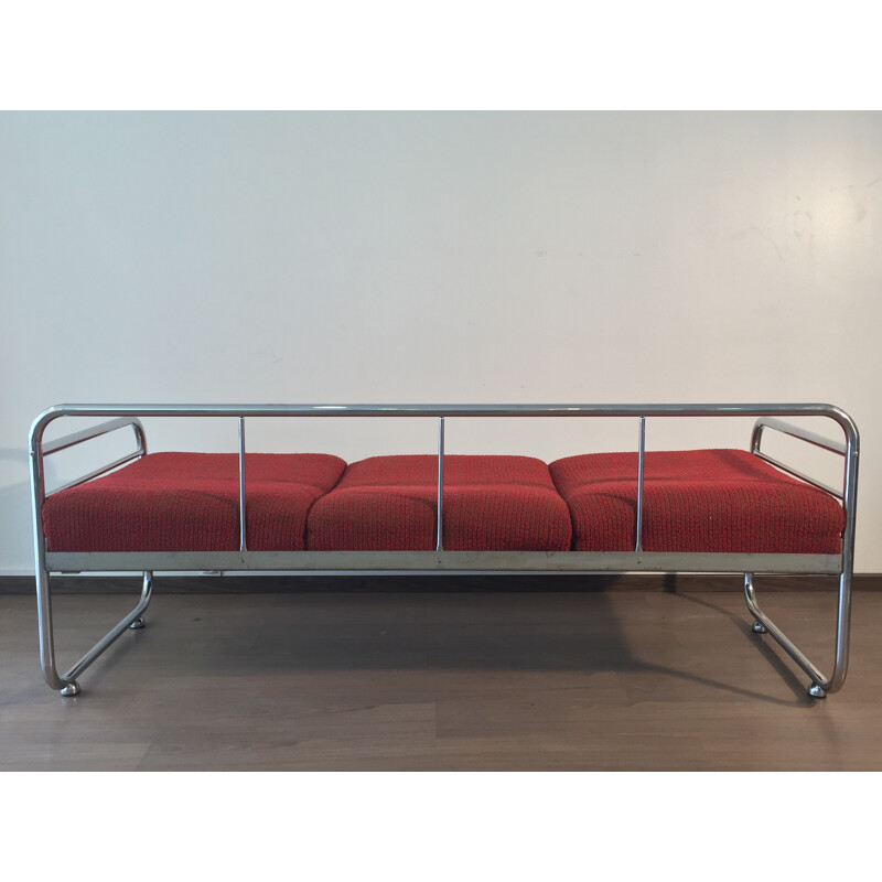 Red tubular sofa in chromium and fabric by Robert Slezak - 1930s