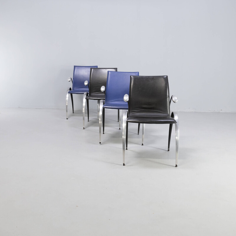 Lot de 4 chaises à repas vintage « Totus SM10 » en cuir bleu et noir par Boonzaaijer et Mazairac pour Hennie de Jong, 1993