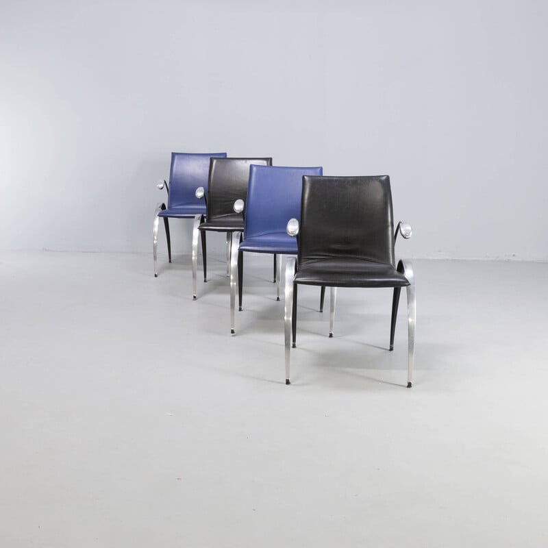 Set of 4 vintage “Totus SM10” dining chairs in blue and black leather by Boonzaaijer and Mazairac for Hennie de Jong, 1993