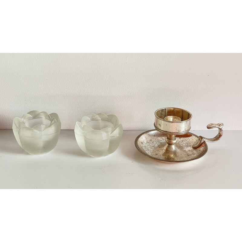 Pair of vintage glass candle holders with silver candlestick