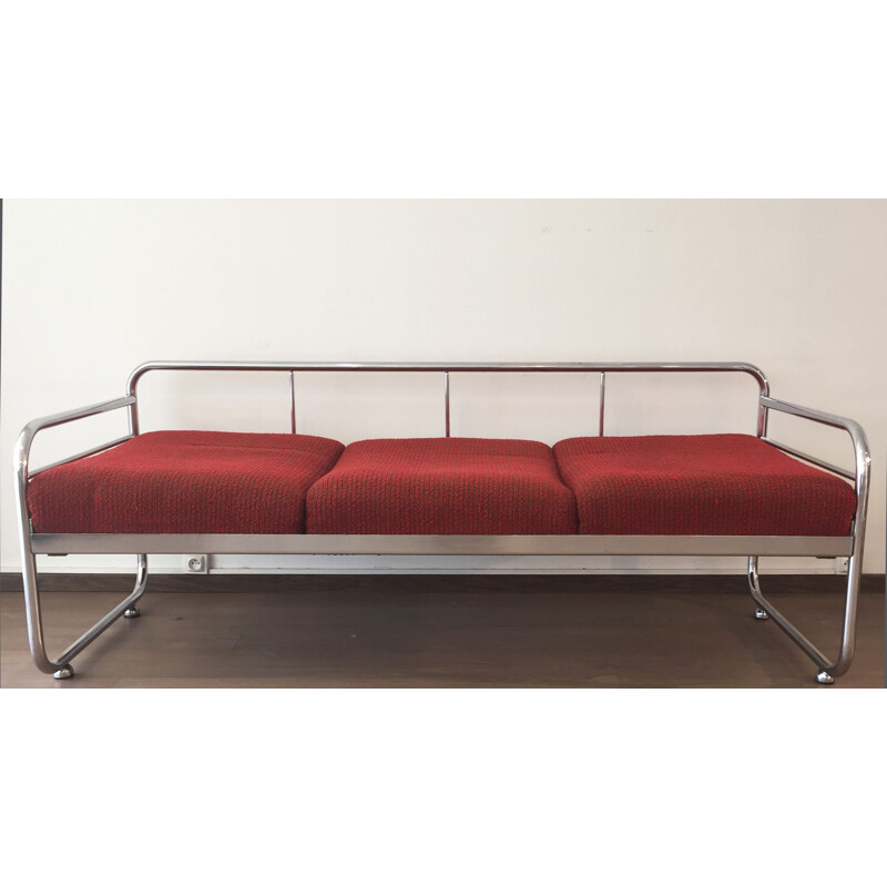 Red tubular sofa in chromium and fabric by Robert Slezak - 1930s