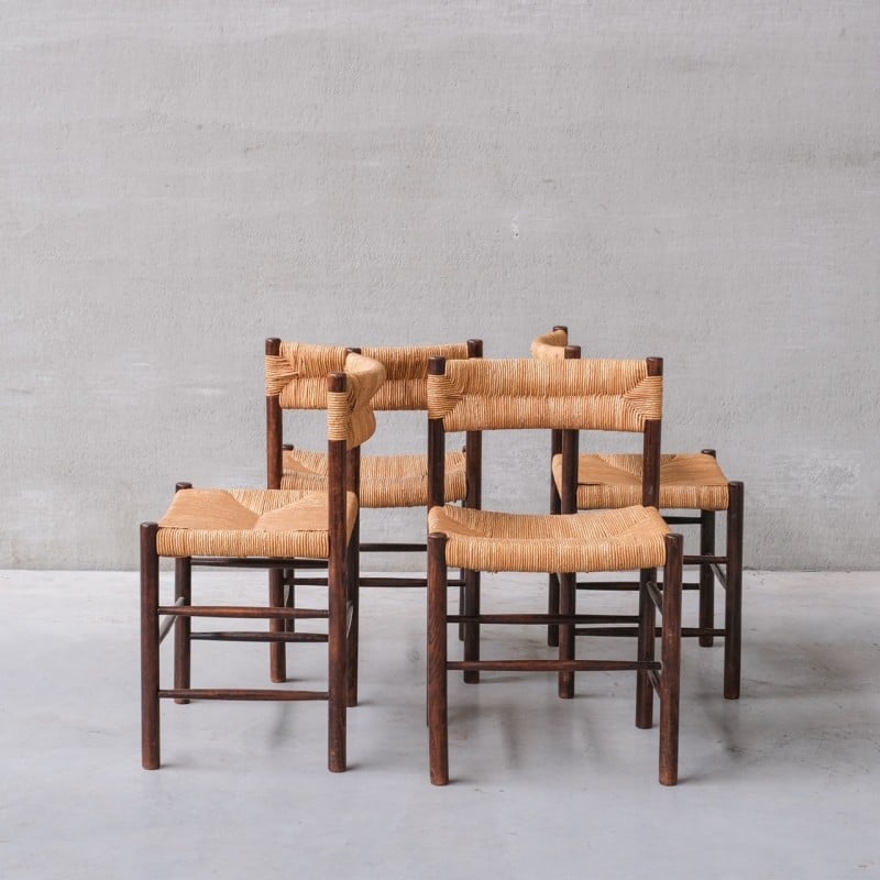 Ensemble de 4 chaises à repas vintage « Dordogne » en bois teinté par Charlotte Perriand pour Robert Sentou, France 1950