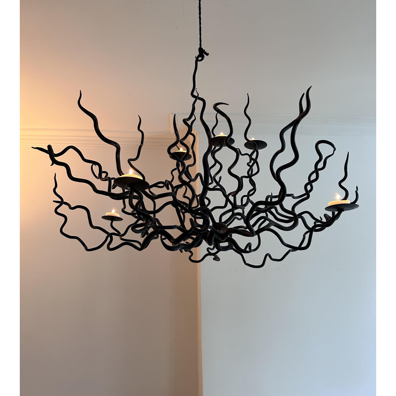 Vintage wrought iron chandelier with 7 lights, France 1960