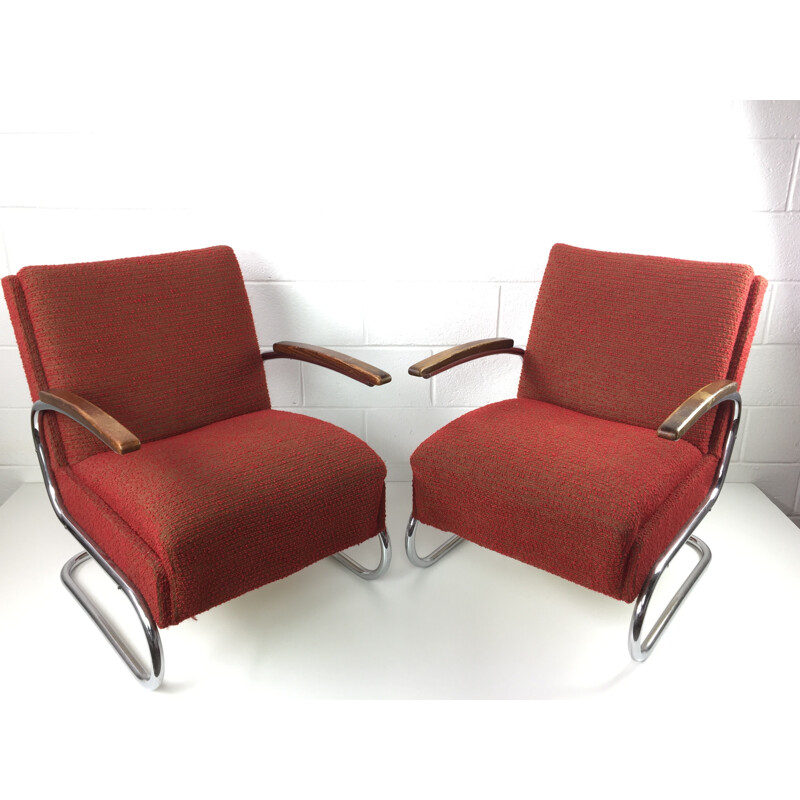 Paire de fauteuils tubulaires modernistes rouges en chrome et en tissu par Robert Slezak - 1930