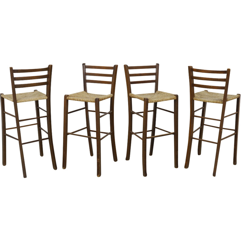 Set of 4 vintage wooden bar stools, 1970