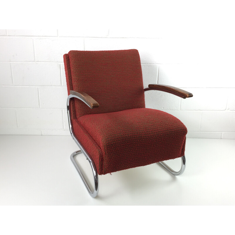 Pair of red modernist tubular armchairs in chromium and fabric by Robert Slezak - 1930s