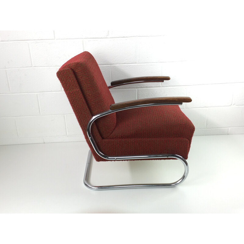 Pair of red modernist tubular armchairs in chromium and fabric by Robert Slezak - 1930s