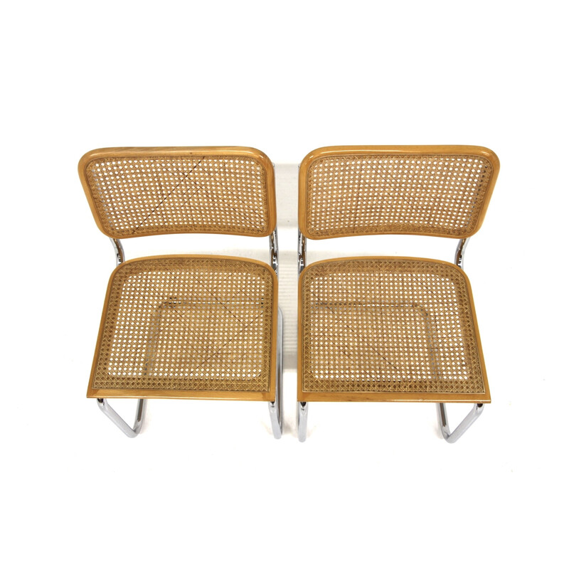 Pair of vintage "B32" chairs in chrome steel and beech by Marcel Breuer, Italy 1990
