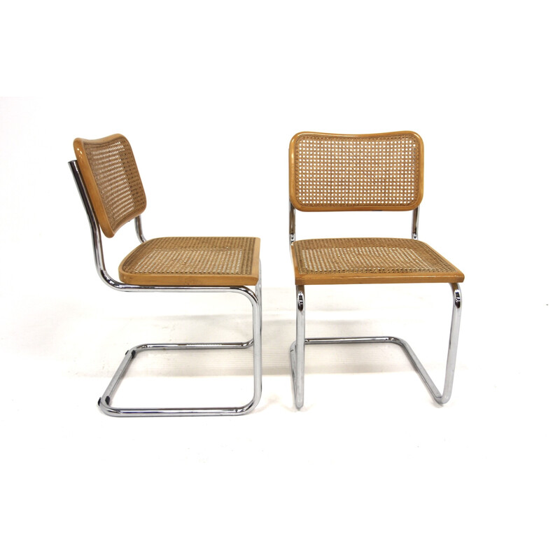 Paire de chaises vintage "B32" en acier chromé et hêtre par Marcel Breuer, Italie 1990
