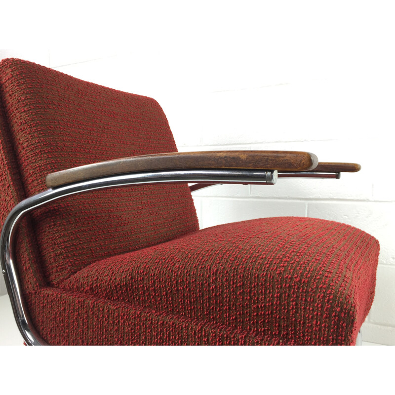 Paire de fauteuils tubulaires modernistes rouges en chrome et en tissu par Robert Slezak - 1930