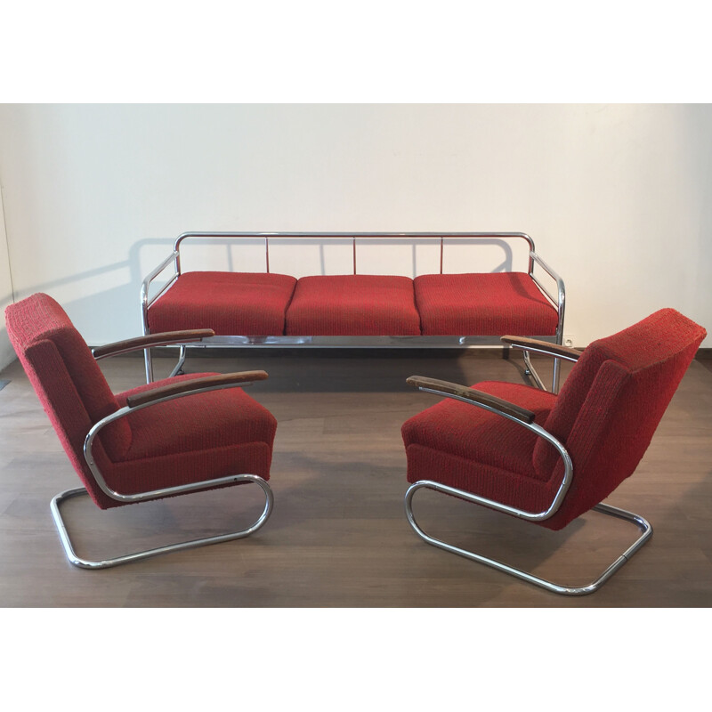 Pair of red modernist tubular armchairs in chromium and fabric by Robert Slezak - 1930s