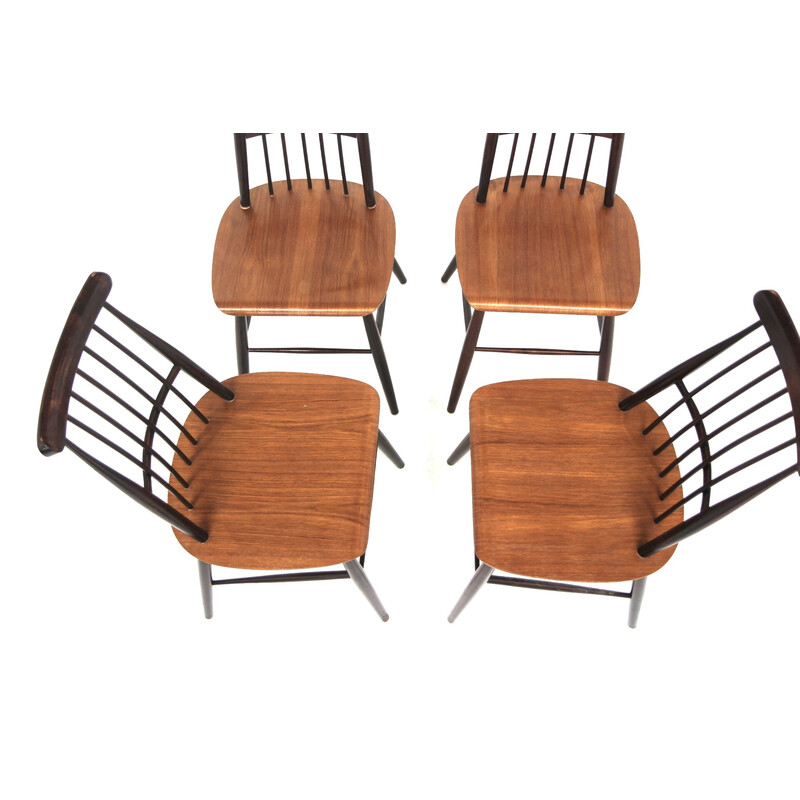 Set of 4 vintage "Pinnstol" teak and beech chairs, Sweden 1960