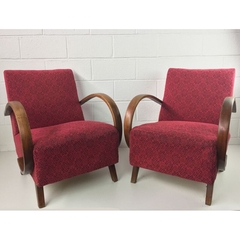 Pair of red armchairs by Jindrich Halabala for UP Zavody - 1930s