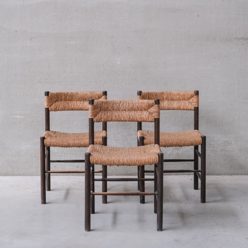 Ensemble de 3 chaises à repas vintage « Dordogne » en bois teinté par Charlotte Perriand pour Robert Sentou, France 1950