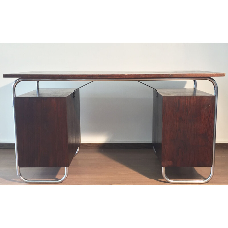 Bauhaus desk in chromed tubular steel and tinted beech by Rudolf Vichr for Kovona - 1930s
