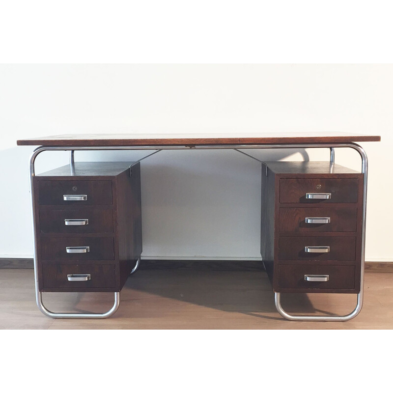 Bauhaus desk in chromed tubular steel and tinted beech by Rudolf Vichr for Kovona - 1930s