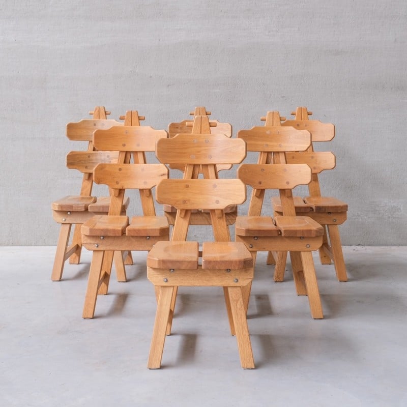 Ensemble de 6 chaises à repas vintage en chêne massif, Espagne 1970
