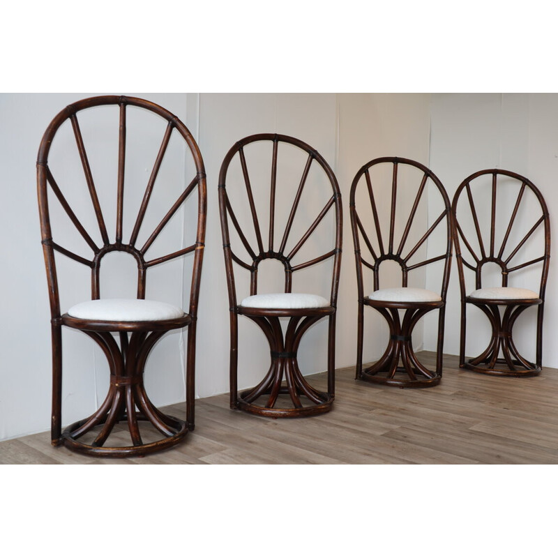 Set of 4 vintage rattan and bamboo chairs, 1970