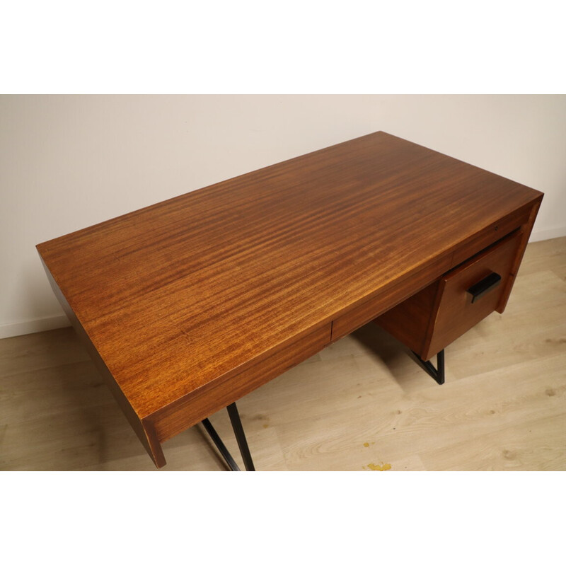 Vintage asymmetrical desk in mahogany and metal, 1950