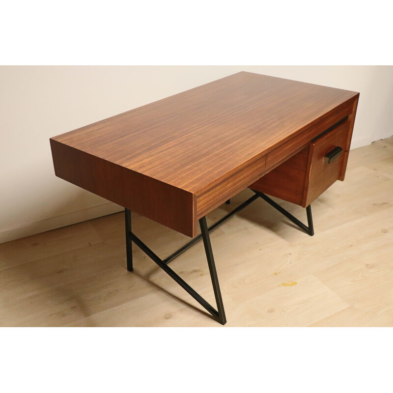 Vintage asymmetrical desk in mahogany and metal, 1950