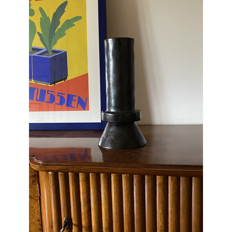 Vintage black ceramic vase, Italy 1980