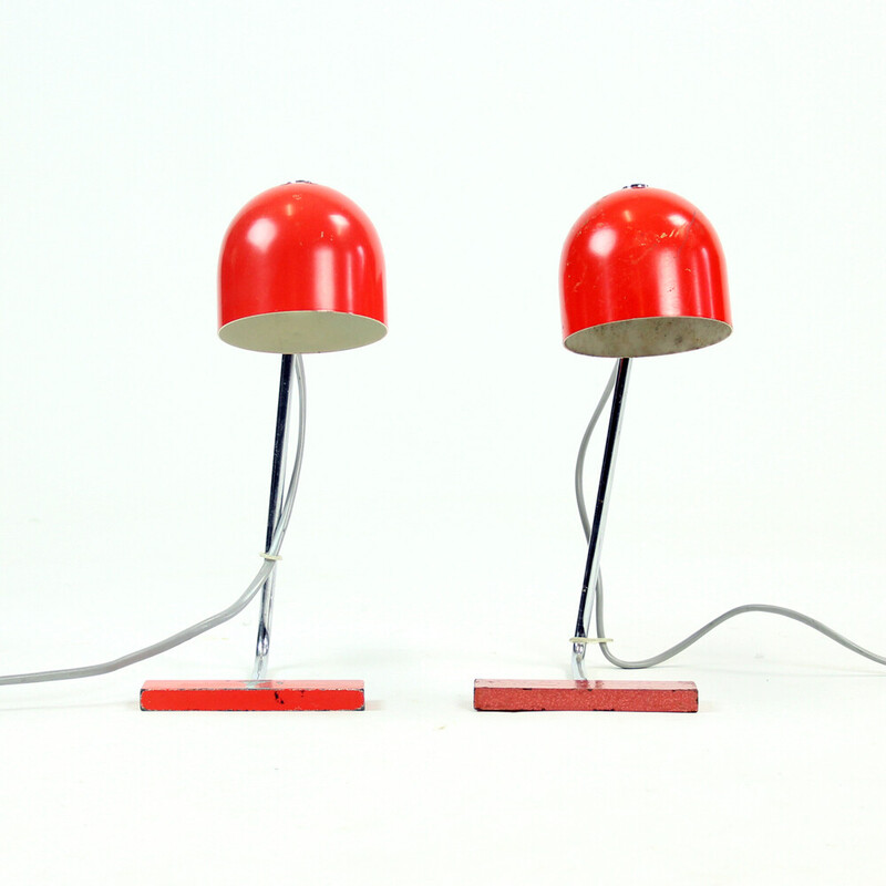 Paar Tischlampen aus rotem Metall und Chrom von Josef Hurka für Napako, Tschechoslowakei 1960