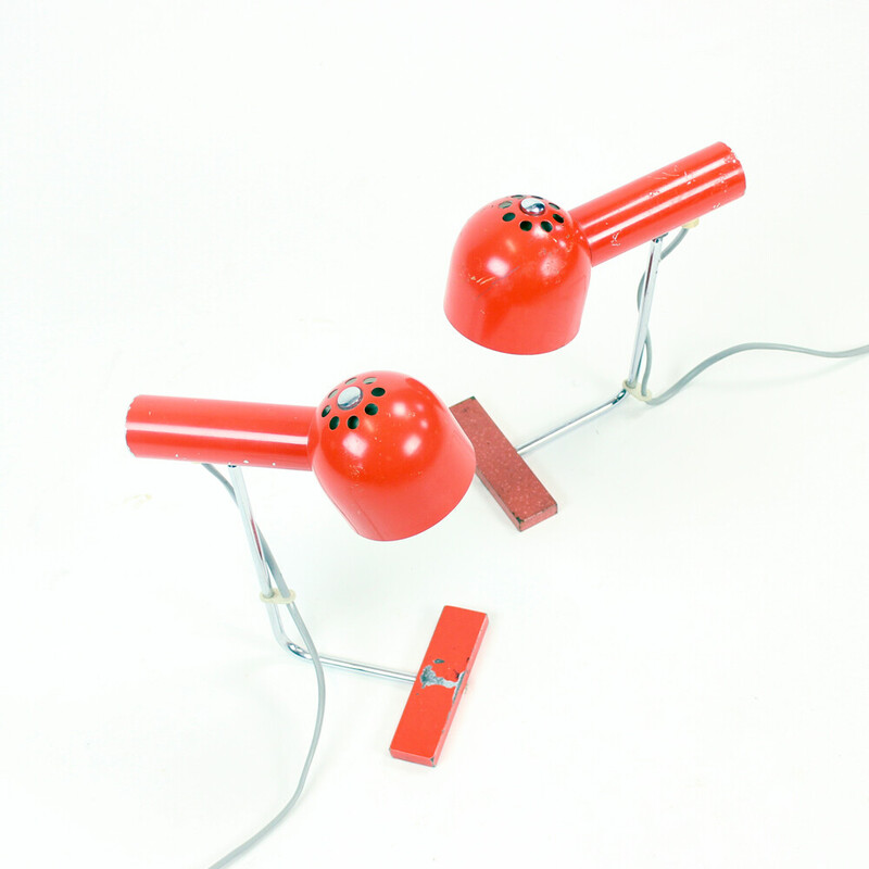 Pair of vintage red metal and chrome table lamps by Josef Hurka for Napako, Czechoslovakia 1960