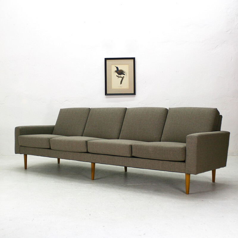 4-seater grey sofa in beechwood - 1960s