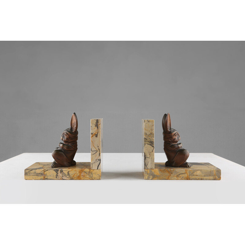 Pair of vintage rabbit bookends in marble and bronze, 1930