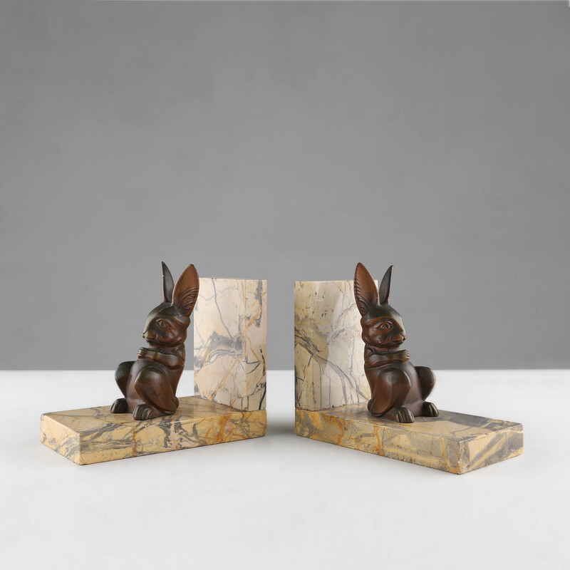 Paire de serre-livres lapin vintage en marbre et bronze, 1930