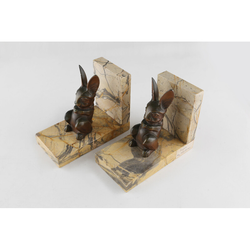 Paire de serre-livres lapin vintage en marbre et bronze, 1930