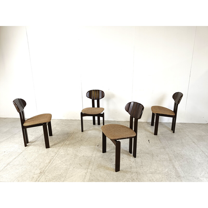 Ensemble de 4 chaises à repas vintage en bois marron et tissu, Allemagne 1970