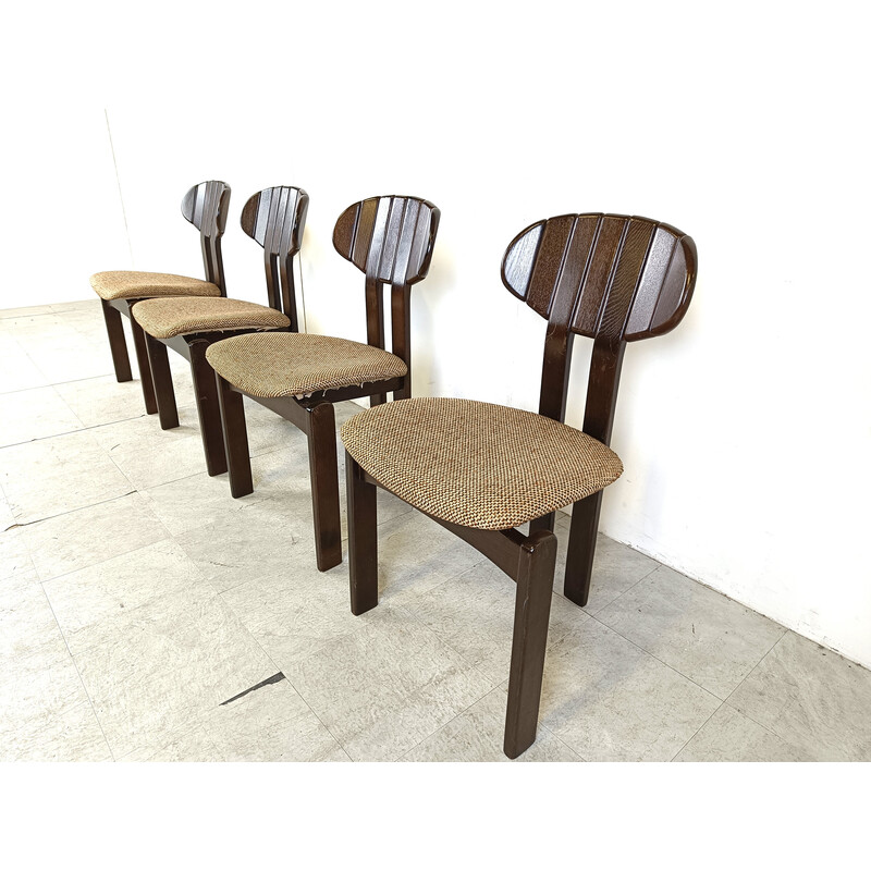 Ensemble de 4 chaises à repas vintage en bois marron et tissu, Allemagne 1970