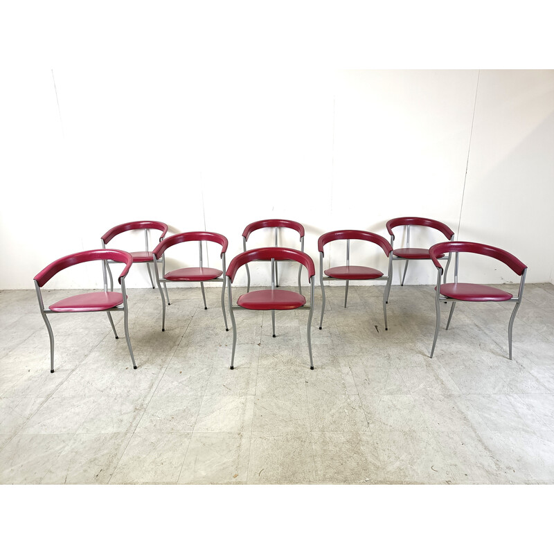 Lot de 8 fauteuils vintage en métal gris et cuir par Arrben, Italie 1980