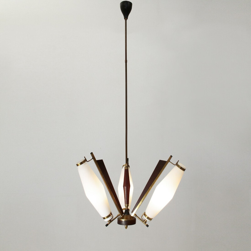 Italian golden hanging lamp in brass and opalin - 1950s